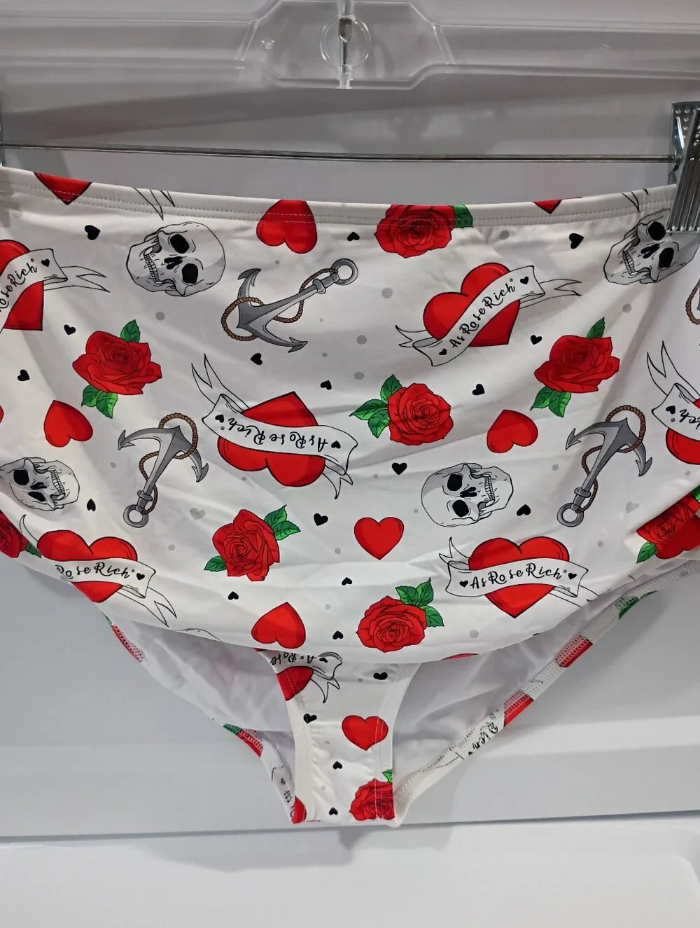 AS ROSE RICH White Red Roses & Skulls Ruffle Top - High-Waist Bikini Set MED NWT